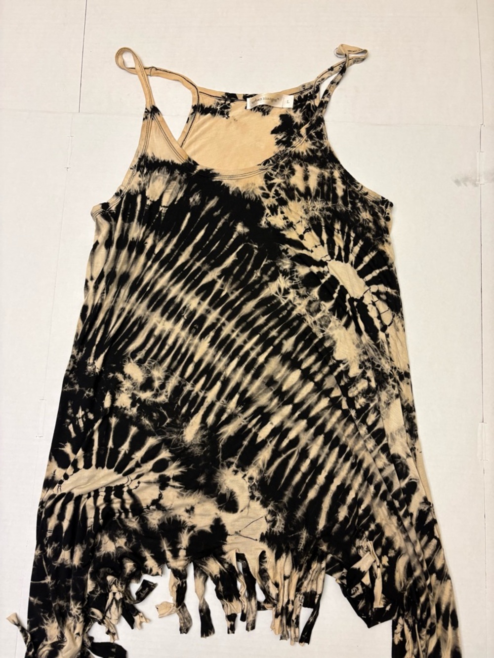 Urban Mangoz Black Beige Tie Dye Fringe Long Dress Sleeveless Strappy L